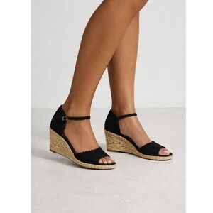 Ralph Lauren Chrissie Black Leather Suede Scalloped Espadrille Wedge Sandals 6.5